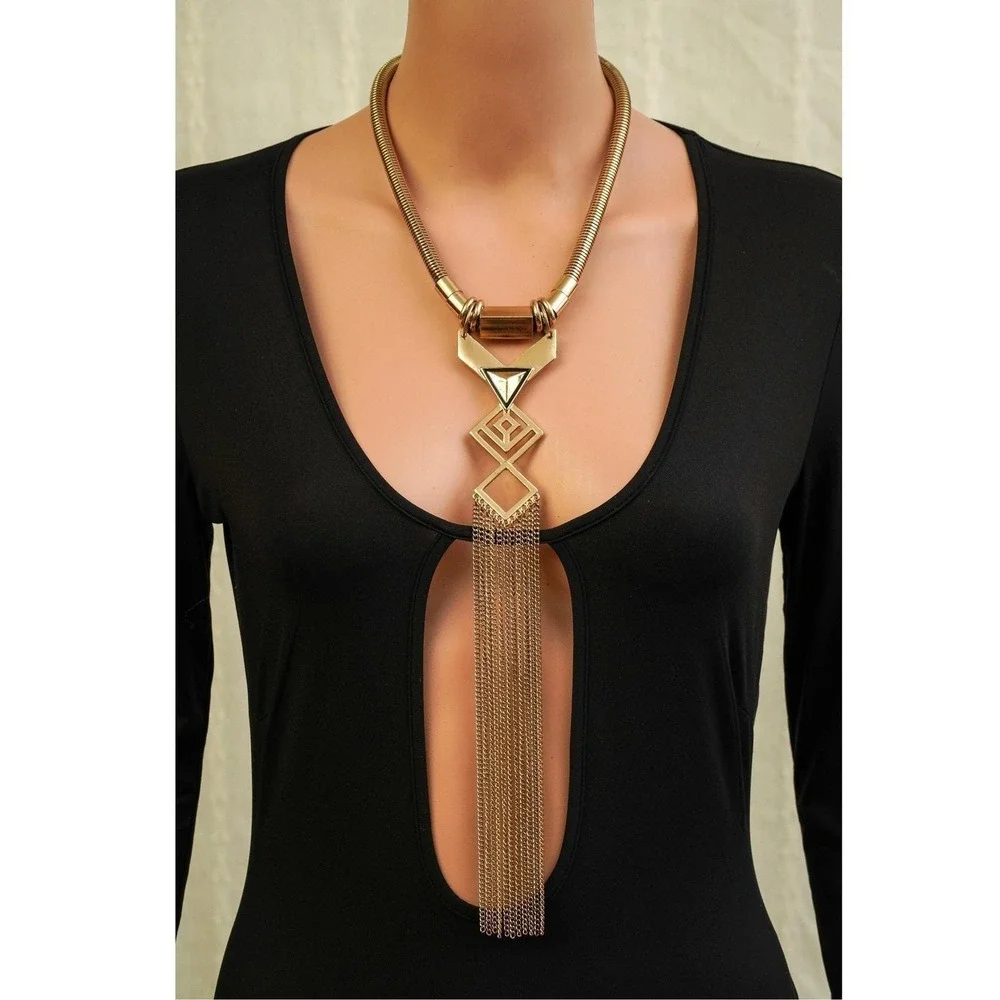 Gold Tone Geometric Fringe Statement Necklace Omega Chain Art‎ Deco Style